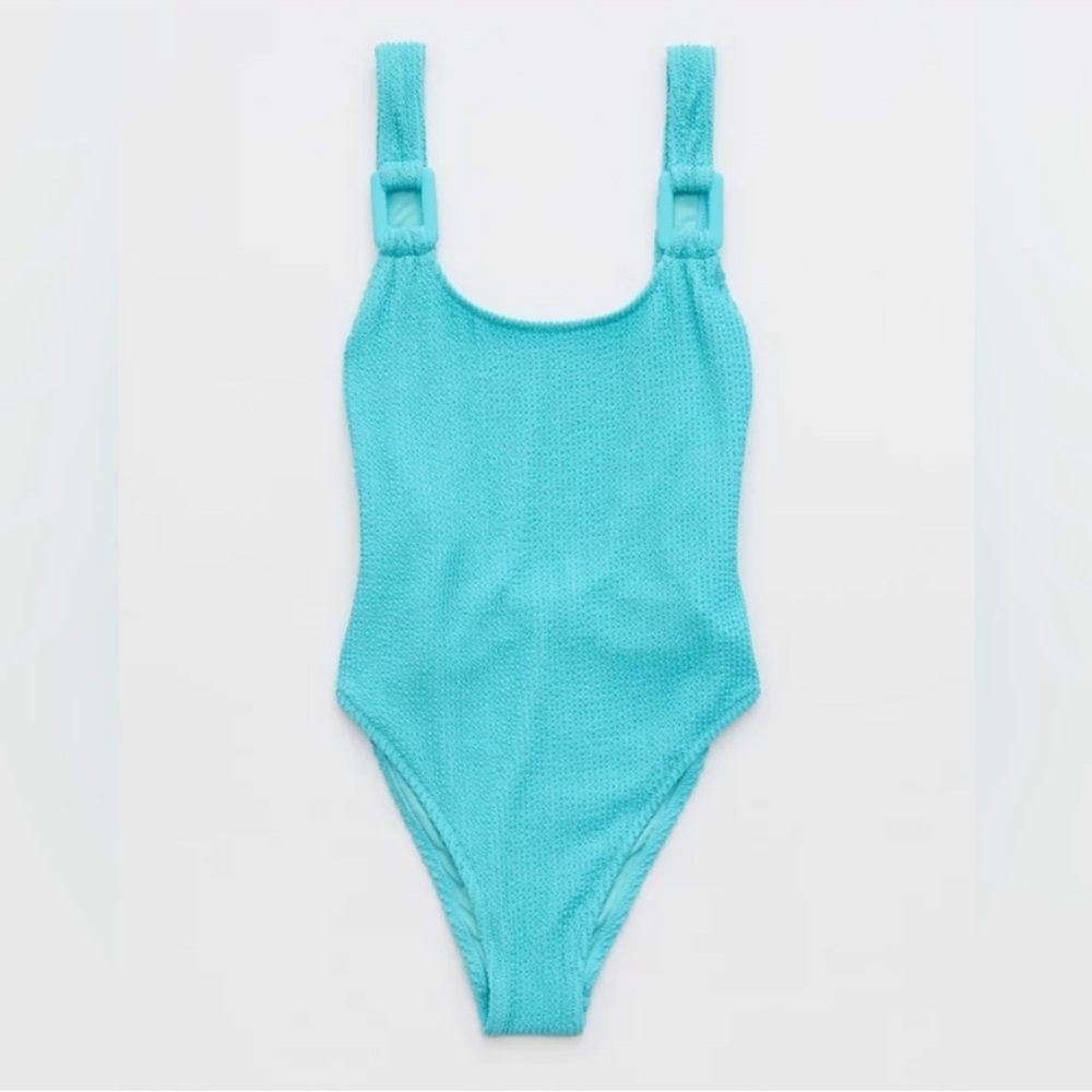 Aerie Birthday Crinkle Scoopneck One Piece Blue Shimmer Swin NWT